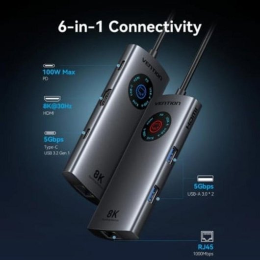 Estation de Acoplamento USB-C Vention TQZHB 6 en 1 HDMI USB RJ45 PD