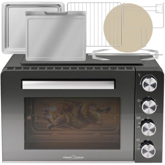 Kompakter ProfiCook MBG 1277 Mini-Backofen 30L 1500W Pizzastein Schwarz