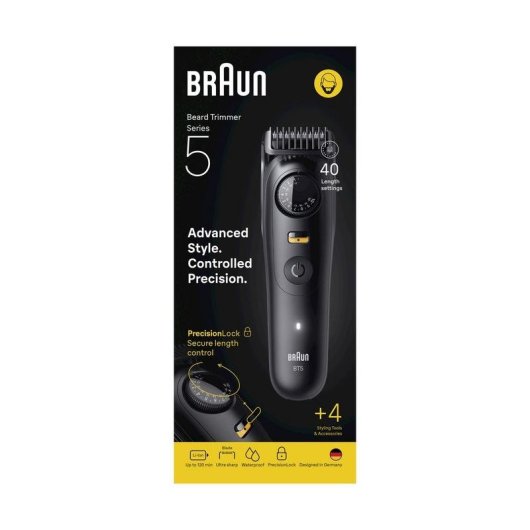 Cortapelos Braun BeardTrimmer 9 BT5520 Inalámbrico 120min 40 Longitudes 4 Peines Resistente al Agua Carga Rápida