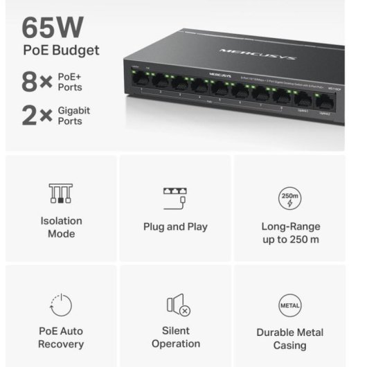 Comutador de rede Mercusys MS110CP Fast Ethernet 10 portas PoE
