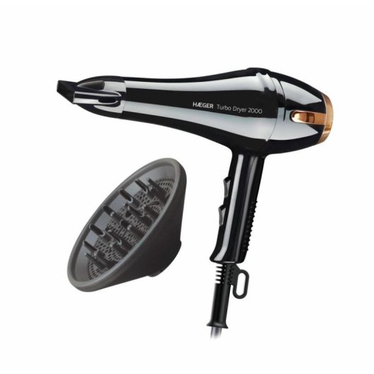 Secador de Pelo con Difusor Haeger Turbo Dryer 2000 2000W 3 Temperaturas 2 Velocidades Accesorios Negro Cobre
