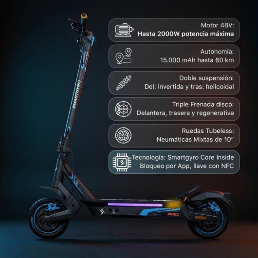 Patinete eléctrico Smartgyro K5 Pro 900W Autonomía 60km Ruedas 10" Tubeless Negro Azul Púrpura