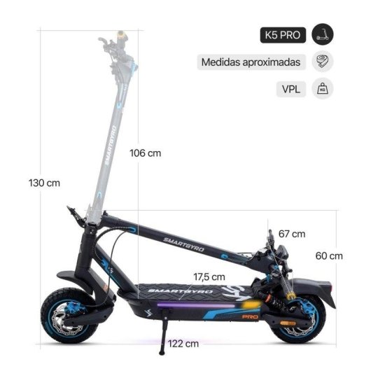 Patinete eléctrico Smartgyro K5 Pro 900W Autonomía 60km Ruedas 10" Tubeless Negro Azul Púrpura