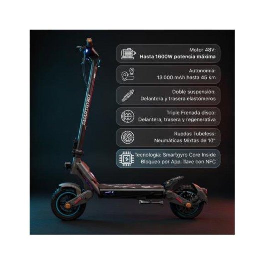 Patinete eléctrico Smartgyro SG27-619 600W Autonomía 45km Ruedas 10" Negro Gris