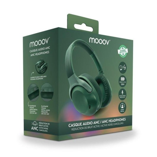 Auriculares Mooov inalámbricos Bluetooth con Cancelación Activa de Ruido, Micrófono y audio espacial Verde reciclado