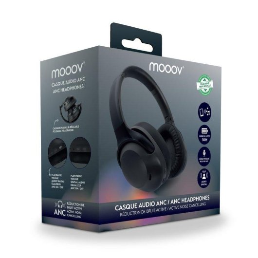 Auriculares Mooov inalámbricos Bluetooth con Cancelación Activa de Ruido, Micrófono y audio espacial, negro