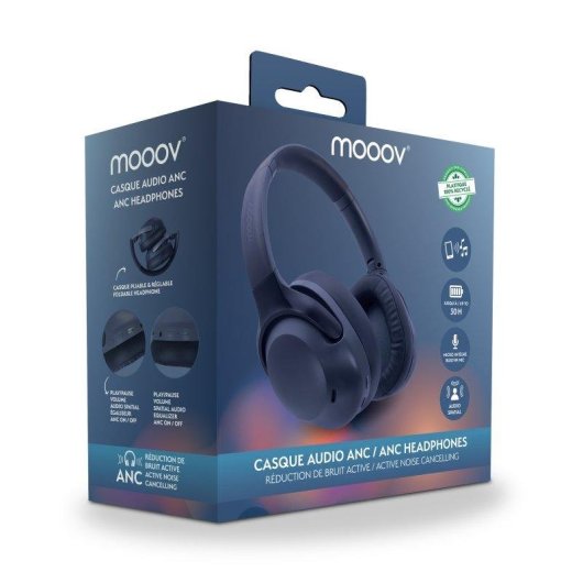 Auriculares Mooov inalámbricos Bluetooth con Cancelación Activa de Ruido, Micrófono y audio espacial Azul
