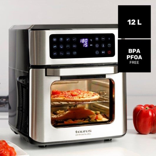 Freidora de Aire Taurus Air Fry Digital Grill 12L 1800W con 12 Programas y Eje Asador
