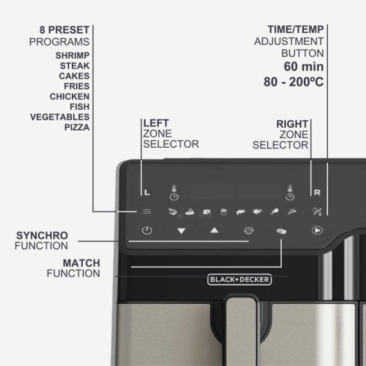 Freidora de Aire Doble Black & Decker BXAF9000E 9L 2500W con Double Cooking y Pantalla Táctil