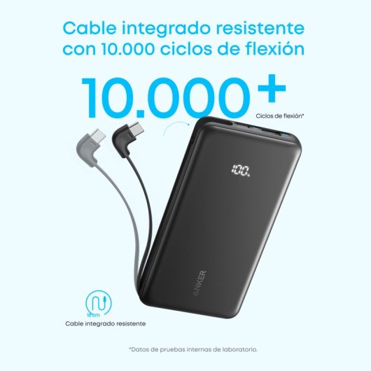 Power Bank Anker Zolo 10.000 mAh, 30W, 1 USB-C, 1 Cable retráctil USB-C, 1 USB-A Negro