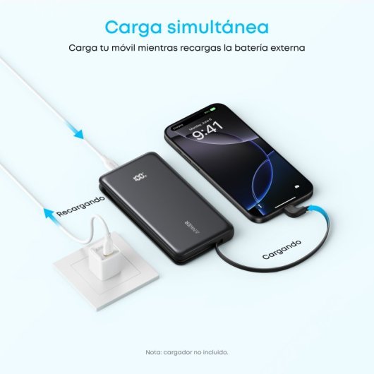 Power Bank Anker Zolo 10.000 mAh, 30W, 1 USB-C, 1 Cable retráctil USB-C, 1 USB-A Negro