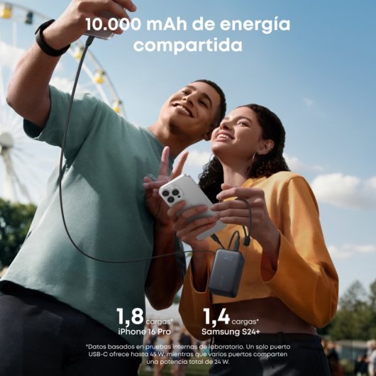 Power Bank Anker Nano 10.000 mAh, 45W, 1 USB-C, Cable retráctil USB-C, 1 USB-A Negro