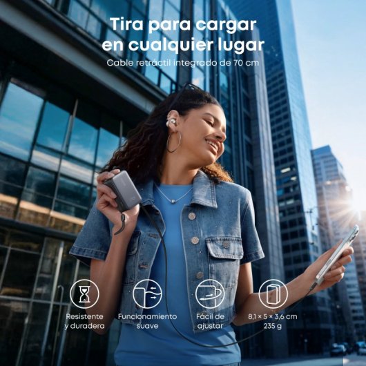Power Bank Anker Nano 10.000 mAh, 45W, 1 USB-C, Cable retráctil USB-C, 1 USB-A Negro