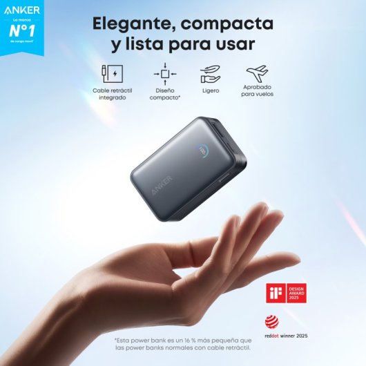 Power Bank Anker Nano 10.000 mAh, 45W, 1 USB-C, Cable retráctil USB-C, 1 USB-A Negro