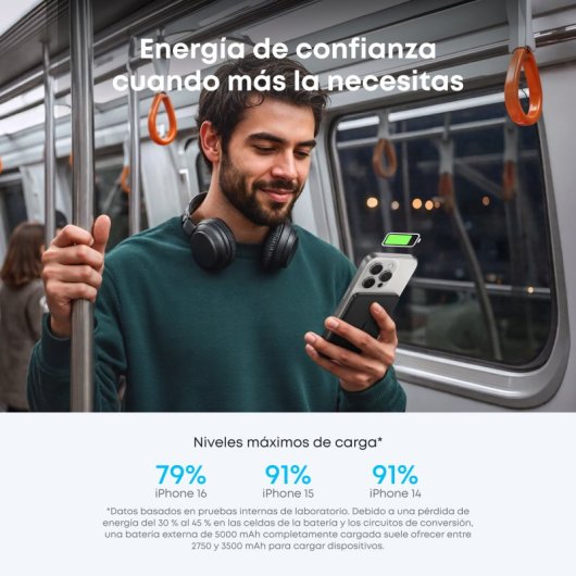 Power bank Anker Nano 5.000 mAh ultrafino, 15W Qi2 carga inalámbrica, Compatible con MagSafe, Negro