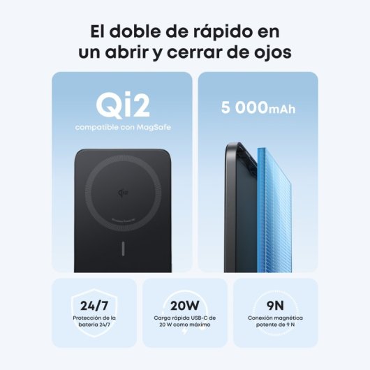 Power bank Anker Nano 5.000 mAh ultrafino, 15W Qi2 carga inalámbrica, Compatible con MagSafe, Negro