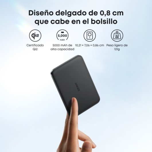 Power bank Anker Nano 5.000 mAh ultrafino, 15W Qi2 carga inalámbrica, Compatible con MagSafe, Negro