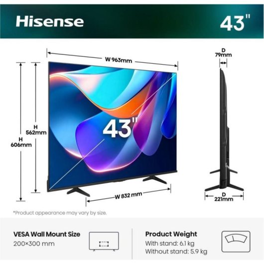 TV Hisense QLED 43A6S 43" 4K UltraHD 60Hz Smart TV VIDAA HDR10 Dolby Vision