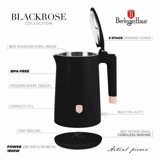 Bouilloire électrique Berlinger Haus Double Wall 1,7l acier inoxidable noir-rose or