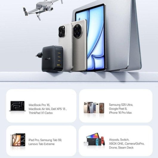 Carregador Rápido Baseus EnerFill FH11 GaN 140W EU Preto Cósmico