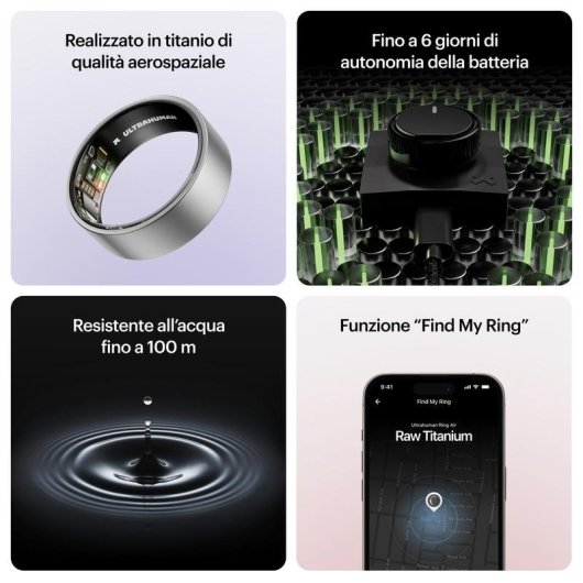 Anello intelligente Ultrahuman Ring AIR Bluetooth Titanio Autonomia 6 giorni Android iOS Ricarica wireless