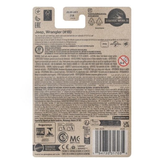 Jeep MATTEL Jurassic World JGL00 Escala 1:64 Metal Plástico Multicolor