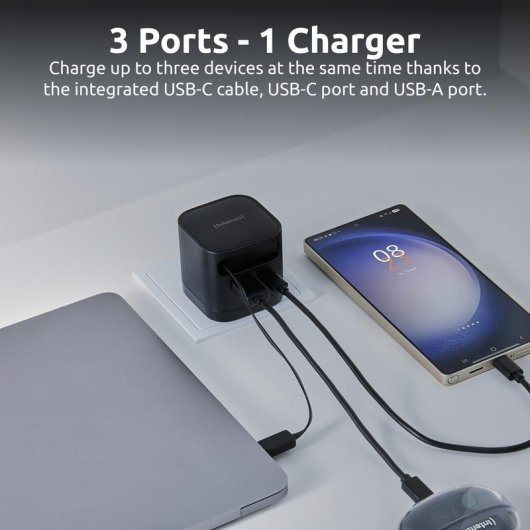 Adaptador de corrente Intenso W65ACIC 65W GaN com ports USB-C e USB-A