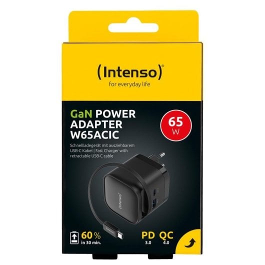 Adaptador de corrente Intenso W65ACIC 65W GaN com ports USB-C e USB-A