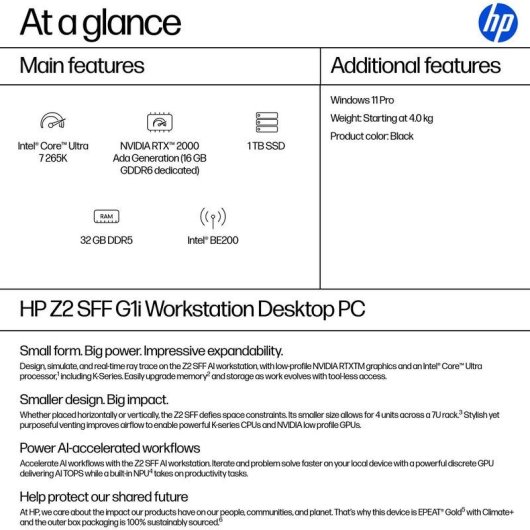 PC fisso HP Z2 SFF G1i Intel Core Ultra 7 265K 32GB 1TB SSD RTX 2000 Ada Windows 11 Pro WiFi7