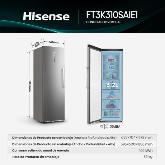 Congelador Hisense FT3K310SAIE1 312 L Eficiencia E Acero Inoxidable