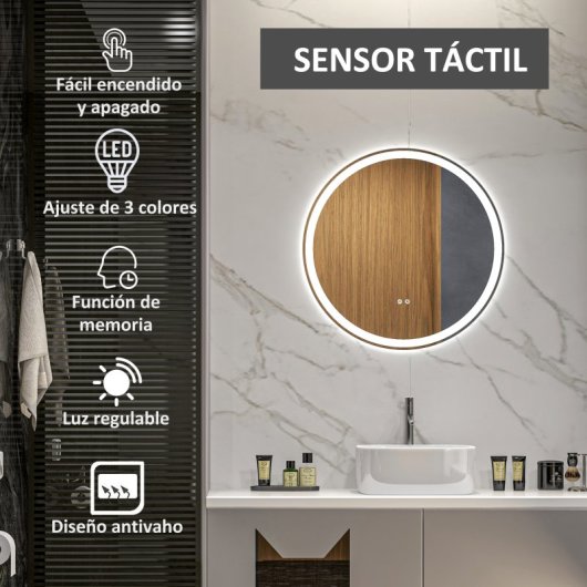 Kleankin Espejo De Baño Redondo Con Luces Led Ajustable Ø60 Cm Antivaho Plata