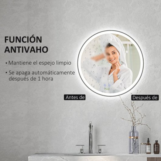 Kleankin Espejo De Baño Redondo Con Luces Led Ajustable Ø60 Cm Antivaho Plata