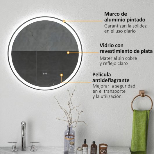 Kleankin Espejo De Baño Redondo Con Luces Led Ajustable Ø60 Cm Antivaho Plata