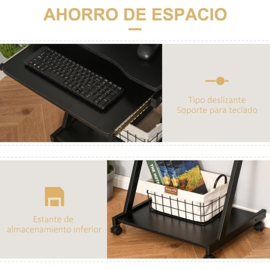Homcom Mesa De Ordenador Con Ruedas 60x48 Cm Con Bandeja Para Teclado Negro