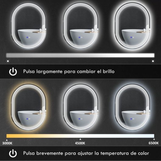 Kleankin Espejo Baño Con Luz 70x50 Cm 3 Colores De Luz Brillo Regulable