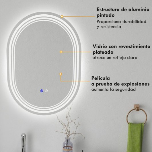 Kleankin Espejo Baño Con Luz 70x50 Cm 3 Colores De Luz Brillo Regulable