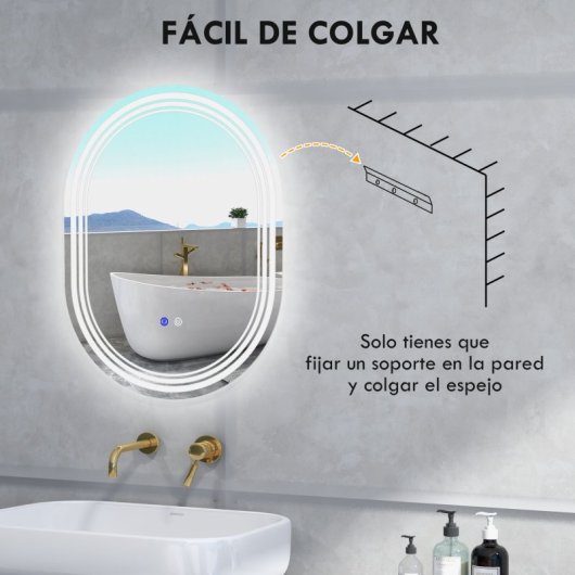 Kleankin Espejo Baño Con Luz 70x50 Cm 3 Colores De Luz Brillo Regulable