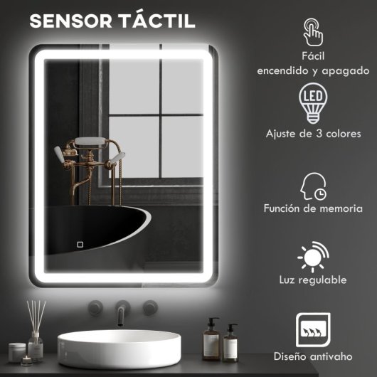 Homcom Espejo De Baño Con Luces Led 70x90 Cm 3 Temperaturas De Color Regulable