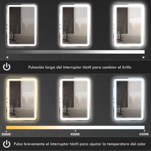 Homcom Espejo De Baño Con Luces Led 70x90 Cm 3 Temperaturas De Color Regulable