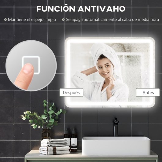 Homcom Espejo De Baño Con Luces Led 70x90 Cm 3 Temperaturas De Color Regulable