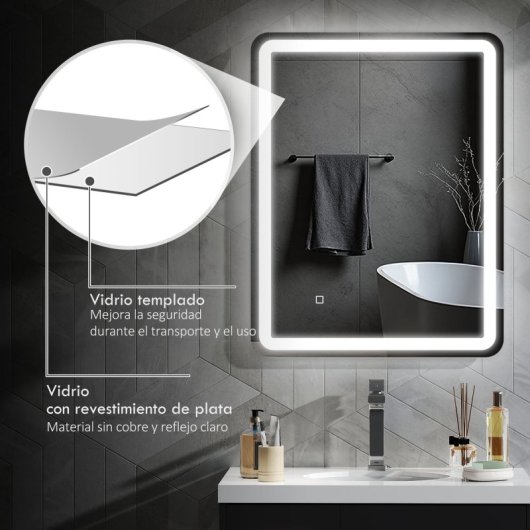 Homcom Espejo De Baño Con Luces Led 70x90 Cm 3 Temperaturas De Color Regulable