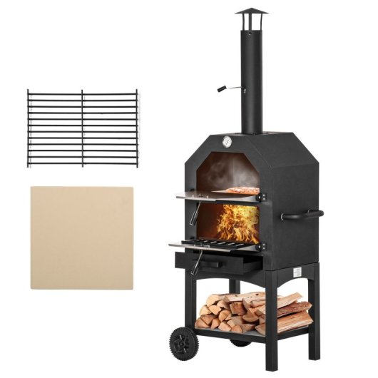 Outsunny Horno De Pizza Exterior Con 2 Capas Ruedas Cajón 64x54x160 Cm Negro