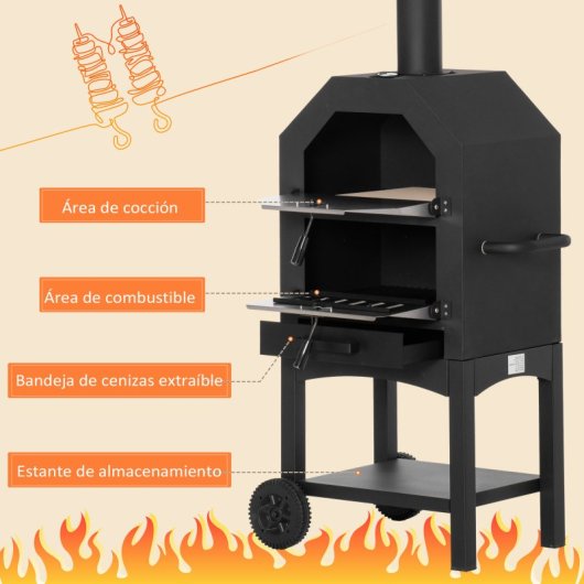 Outsunny Horno De Pizza Exterior Con 2 Capas Ruedas Cajón 64x54x160 Cm Negro