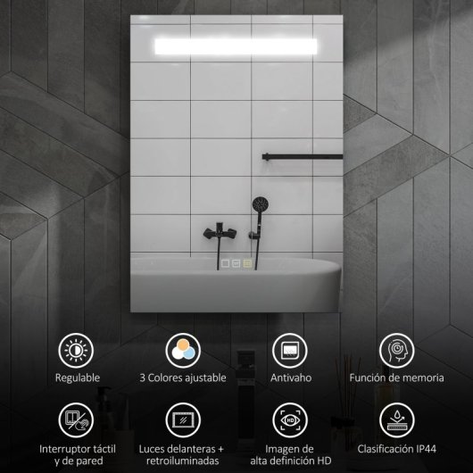 Homcom Espejo De Baño Con Luz Led 70x50 Cm Con 3 Colores De Luz