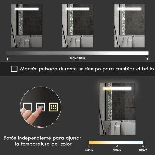 Homcom Espejo De Baño Con Luz Led 70x50 Cm Con 3 Colores De Luz