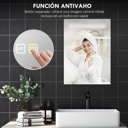 Homcom Espejo De Baño Con Luz Led 70x50 Cm Con 3 Colores De Luz