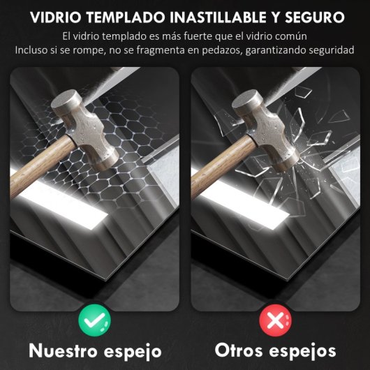 Homcom Espejo De Baño Con Luz Led 70x50 Cm Con 3 Colores De Luz