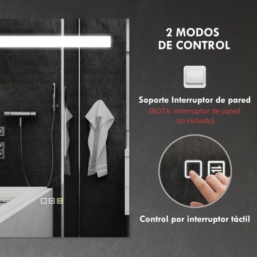 Homcom Espejo De Baño Con Luz Led 70x50 Cm Con 3 Colores De Luz