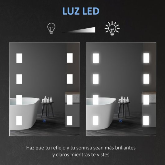 Kleankin Espejo De Baño Con Luz Led Con Función De Antivaho 70x2,7x50 Cm Plata