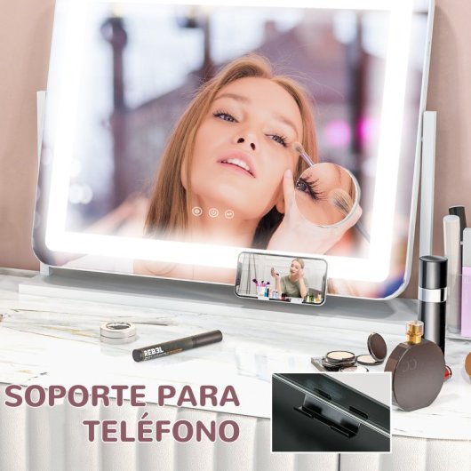 Homcom Espejo De Maquillaje Con Luz Con 3 Modos De Iluminación Ajustables Blanco